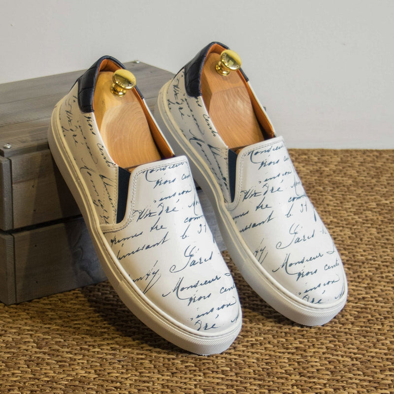 Ambrogio Bespoke Custom Men's Shoes White Crocodile Print / Calf-Skin Leather Stencil Slip-On Sneakers (AMB2350)-AmbrogioShoes