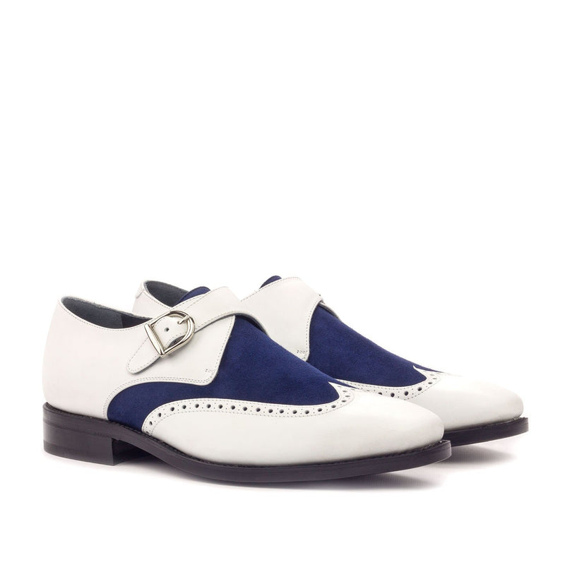 Ambrogio Bespoke Custom Men's Shoes White & Navy Suede / Calf-Skin Leather Monk-Strap Loafers (AMB2004)-AmbrogioShoes