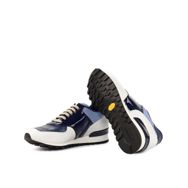 Ambrogio Bespoke Custom Men's Shoes White & Tri-Tone Blue Fabric / Crocodile Print / Calf-Skin Leather Sneakers (AMB1951)-AmbrogioShoes