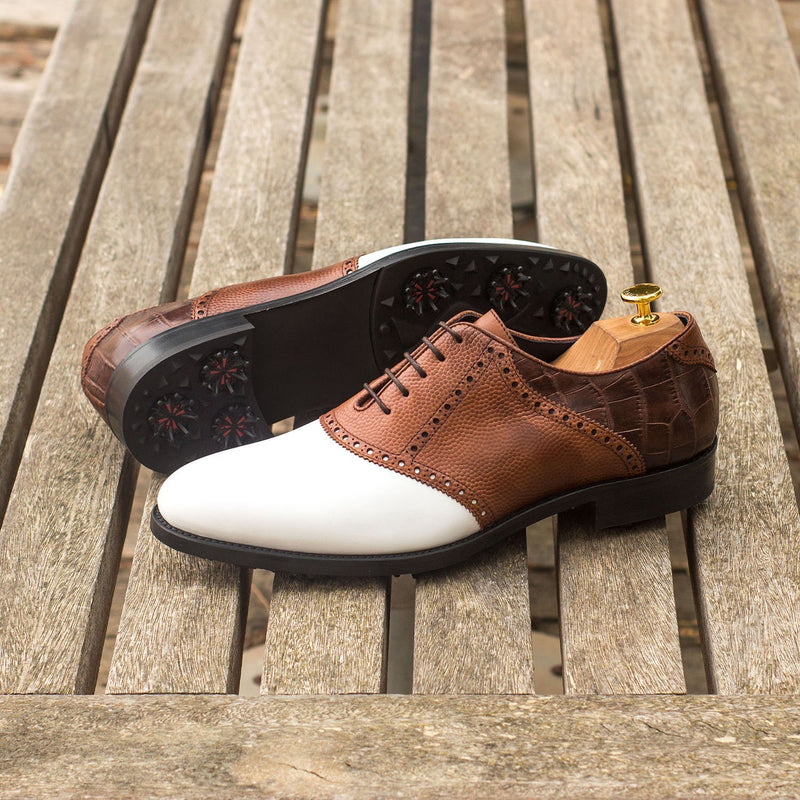 Ambrogio Bespoke Custom Men's Shoes White & Two-Tone Brown Crocodile Print / Pebble Grain / Calf-Skin Leather Fabric Golf Oxfords (AMB1973)-AmbrogioShoes