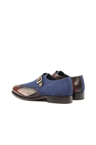 Ambrogio Bespoke Custom Navy & Burgundy Jeans Fabric / Patina Leather Monk Strap (AMB2194)-AmbrogioShoes