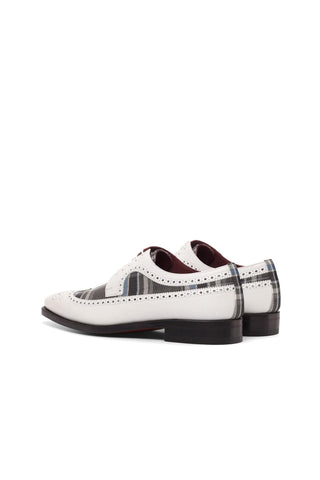 Ambrogio Bespoke Custom White, Gray & Blue Plaid Fabric / Box Leather Longwing Blucher Oxfords (AMB2199)-AmbrogioShoes