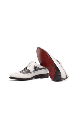 Ambrogio Bespoke Custom White, Gray & Blue Plaid Fabric / Box Leather Longwing Blucher Oxfords (AMB2199)-AmbrogioShoes