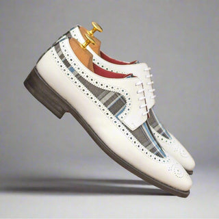 Ambrogio Bespoke Custom White, Gray & Blue Plaid Fabric / Box Leather Longwing Blucher Oxfords (AMB2199)-AmbrogioShoes
