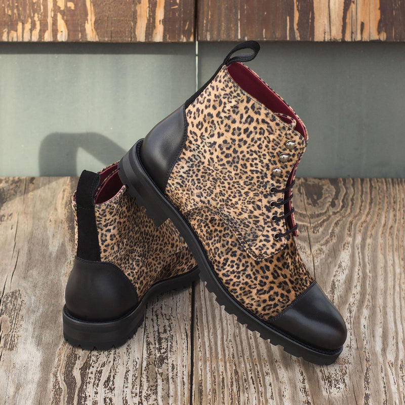 Ambrogio 3894 Bespoke Custom Women's Shoes Beige & Black Fabric / Suede / Calf-Skin Leather Brogue Boots (AMBW1049)-AmbrogioShoes