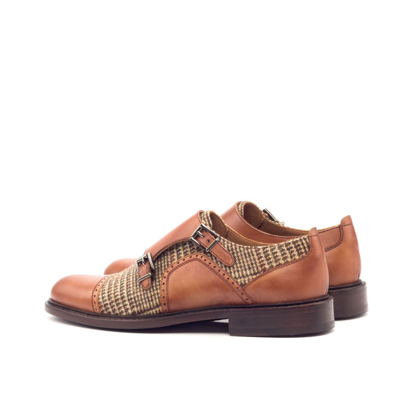 Ambrogio 3083 Bespoke Custom Women's Shoes Beige & Cognac Fabric / Calf-Skin Leather Monk-Straps Loafers (AMBW1036)-AmbrogioShoes