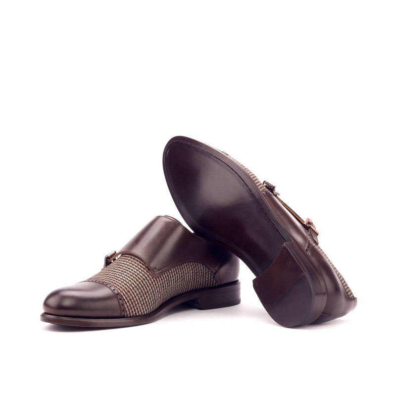 Ambrogio 3350 Bespoke Custom Women's Shoes Beige & Dark Brown Fabric / Polished / Calf-Skin Leather Monk-Straps Loafers (AMBW1033)-AmbrogioShoes