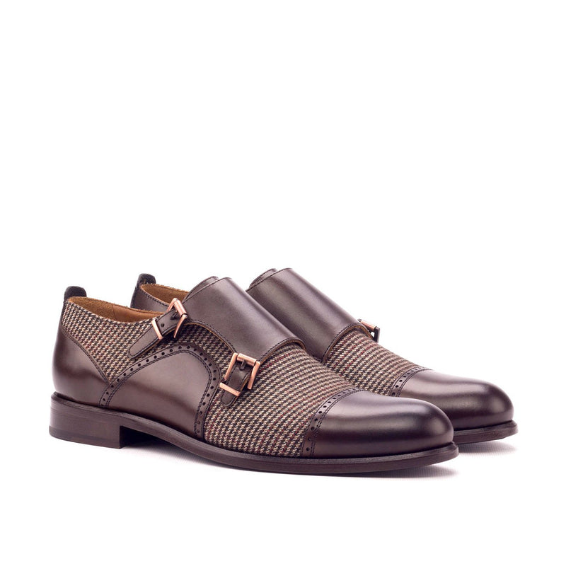 Ambrogio 3350 Bespoke Custom Women's Shoes Beige & Dark Brown Fabric / Polished / Calf-Skin Leather Monk-Straps Loafers (AMBW1033)-AmbrogioShoes