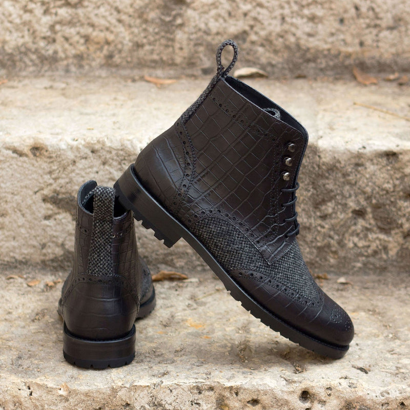 Ambrogio 3194 Bespoke Custom Women's Shoes Black Fabric / Crocodile Print Military Brogue Boots (AMBW1021)-AmbrogioShoes