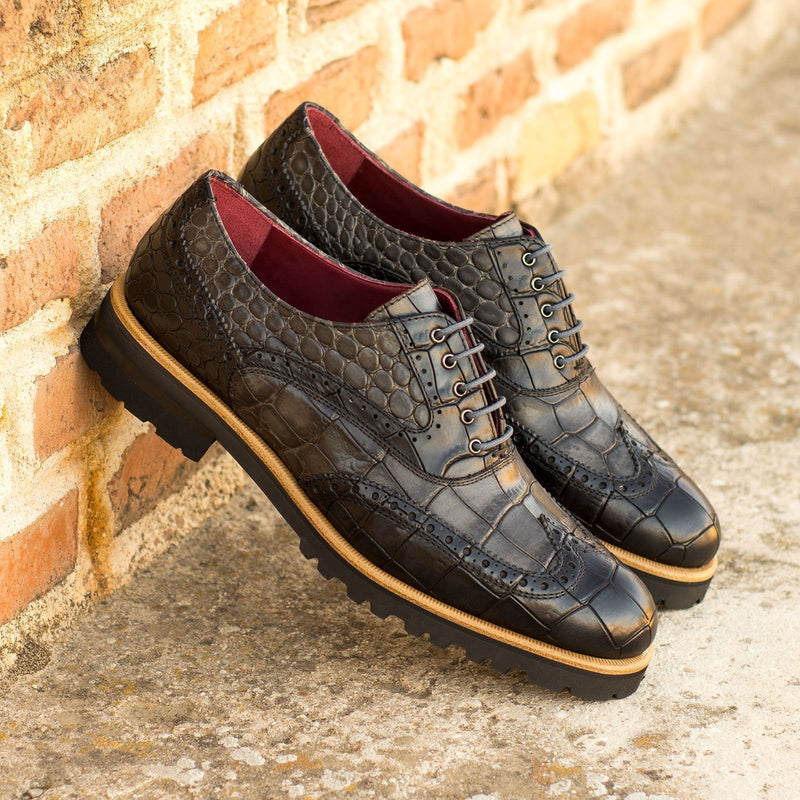 Ambrogio 4477 Bespoke Custom Women's Shoes Black & Gray Crocodile Print / Calf-Skin Leather Wingtip Oxfords (AMBW1078)-AmbrogioShoes