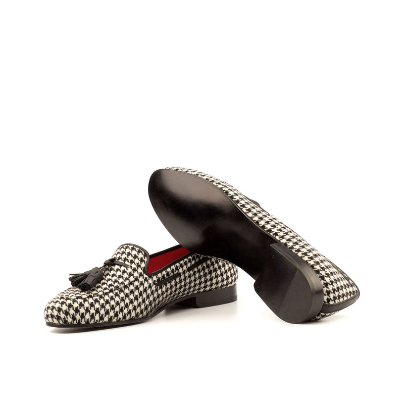 Ambrogio 3895 Bespoke Custom Women's Shoes Black & White Fabric / Calf-Skin Leather Rose Tassels Loafers (AMBW1065)-AmbrogioShoes