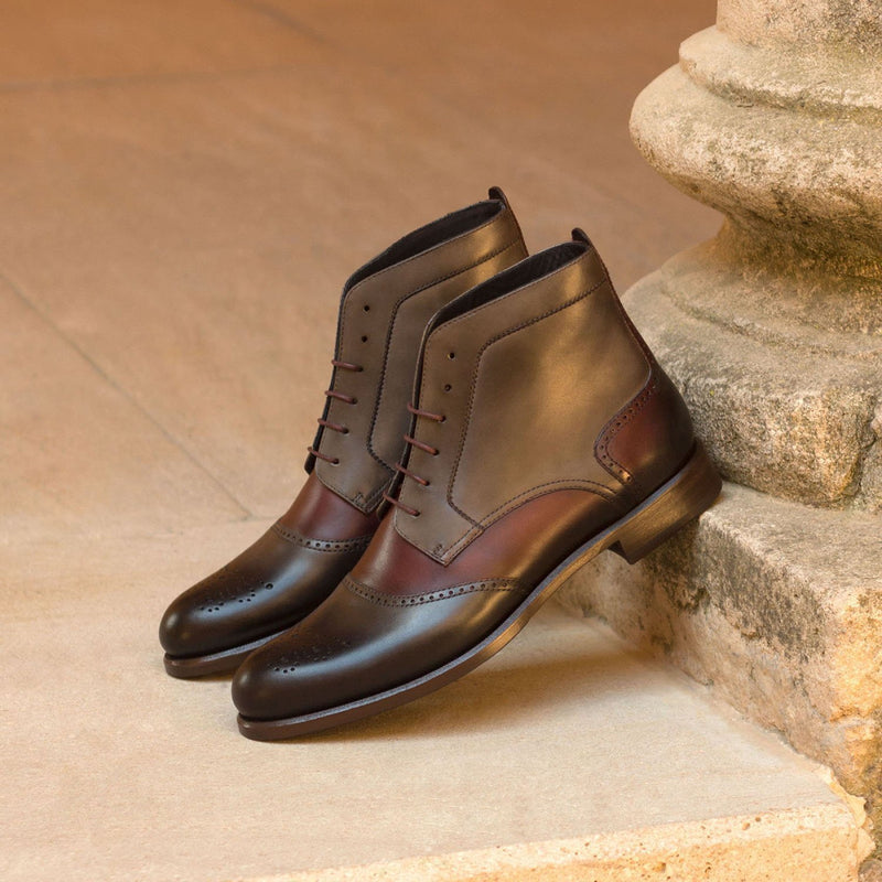Ambrogio 3056 Bespoke Custom Women's Shoes Burgundy & Gray Calf-Skin Leather Brogue Boots (AMBW1039)-AmbrogioShoes