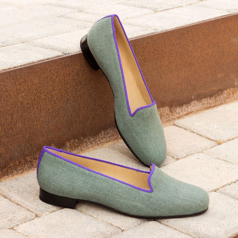 Ambrogio 2342 Bespoke Custom Women's Shoes Khaki Light Green Grossgrain / Linen Rose Loafers (AMBW1058)-AmbrogioShoes