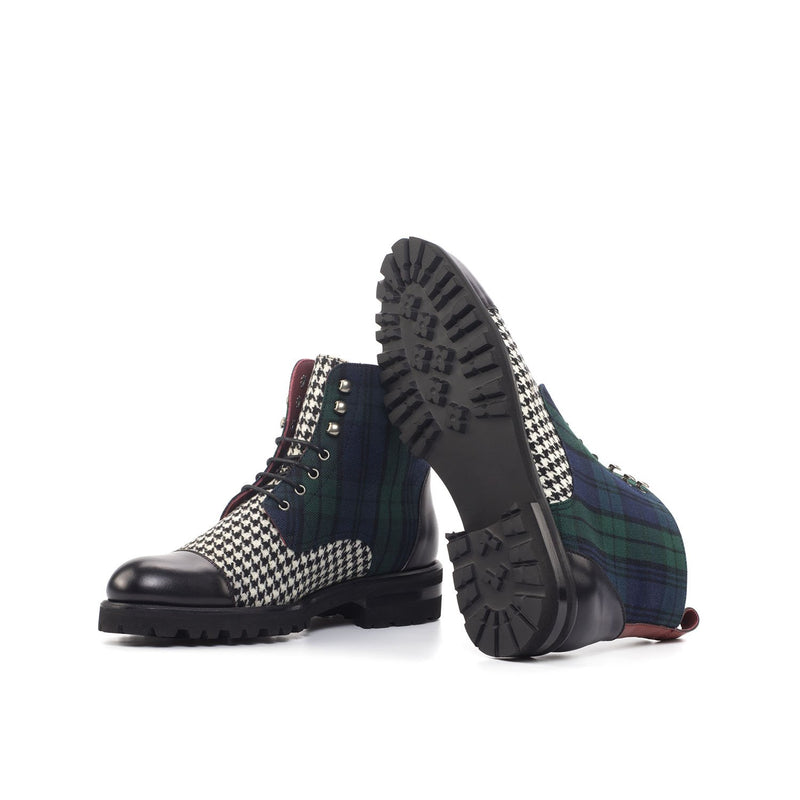 Ambrogio Bespoke Custom Women's Shoes Black, Blue, Green & White Fabric / Calf-Skin Leather Cap-Toe Boots (AMBW1090)-AmbrogioShoes