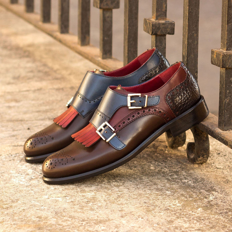 Ambrogio Bespoke Custom Women's Shoes Black, Burgundy, Red, Navy & Brown Crocodile Print / Calf-Skin Leather Kiltie Monk-Straps Loafers (AMBW1100)-AmbrogioShoes