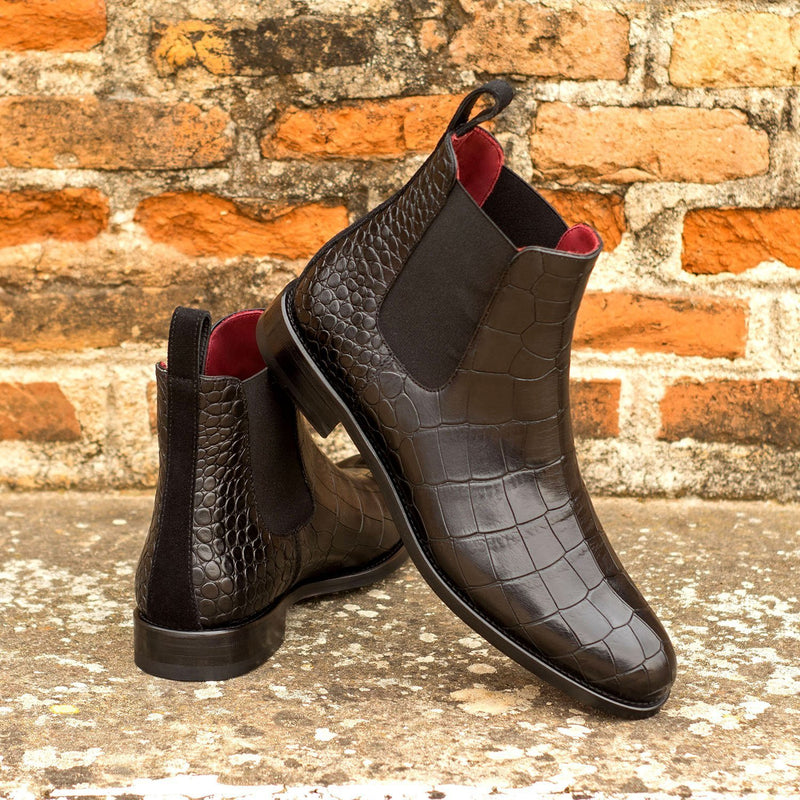Ambrogio Bespoke Custom Women's Shoes Black Crocodile Print / Suede Leather Chelsea Boots (AMBW1096)-AmbrogioShoes