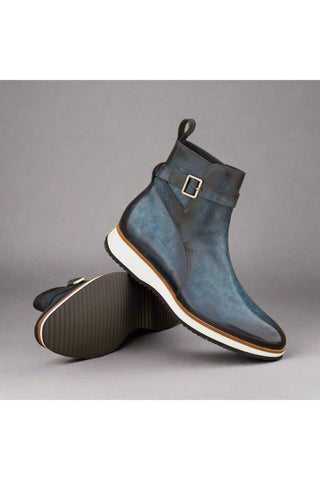 Ambrogio Bespoke Denim Patina Leather Jodhpur Boots (AMB2288)-AmbrogioShoes