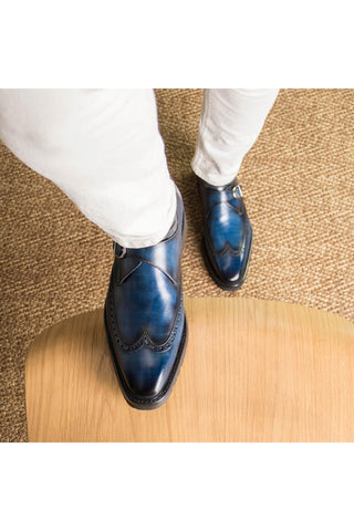 Ambrogio Bespoke Denim Patina Leather Monk Strap (AMB2409)-AmbrogioShoes