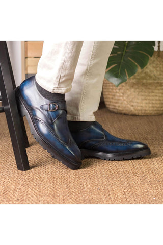Ambrogio Bespoke Denim Patina Leather Monk Strap (AMB2409)-AmbrogioShoes