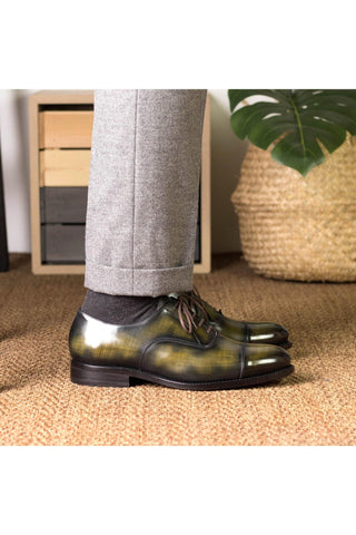 Ambrogio Bespoke Khaki Patina Leather Cap-Toe Oxfords (AMB2411)-AmbrogioShoes