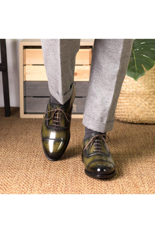 Ambrogio Bespoke Khaki Patina Leather Cap-Toe Oxfords (AMB2411)-AmbrogioShoes