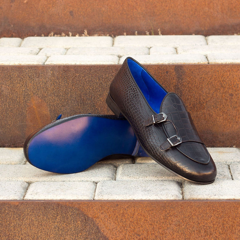 Ambrogio 3358 Bespoke Men's Shoes Black Crocodile Print / Calf-Skin Leather Monk-Straps Loafers (AMB1281)-AmbrogioShoes