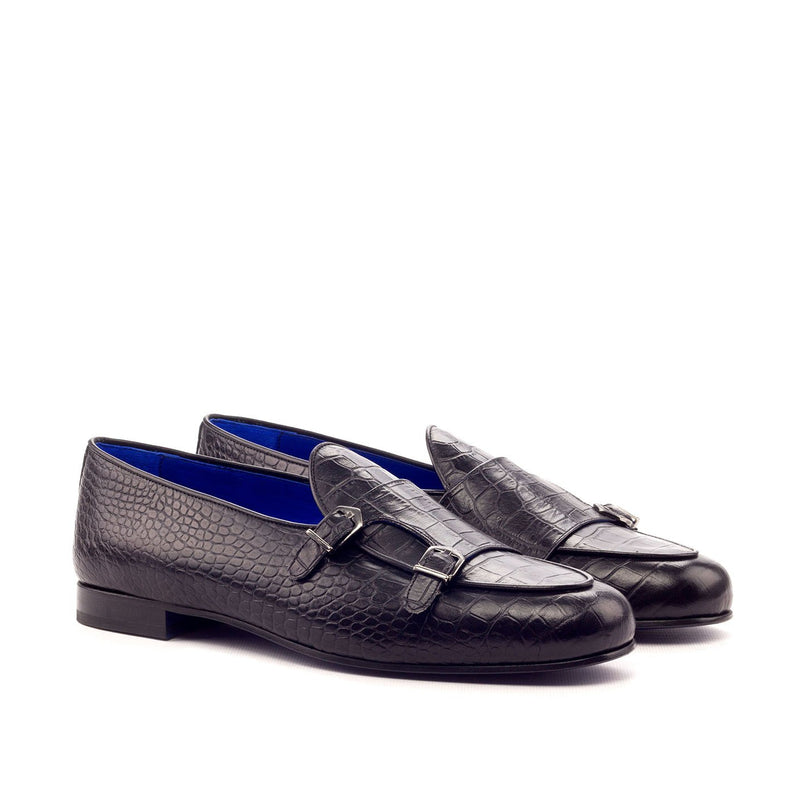 Ambrogio 3358 Bespoke Men's Shoes Black Crocodile Print / Calf-Skin Leather Monk-Straps Loafers (AMB1281)-AmbrogioShoes