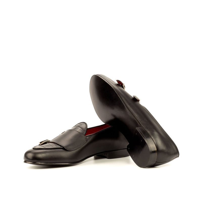 Ambrogio 3641 Bespoke Men's Shoes Black Crocodile Print / Calf-Skin Leather Monk-Straps Loafers (AMB1282)-AmbrogioShoes