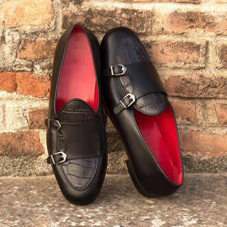 Ambrogio 3641 Bespoke Men's Shoes Black Crocodile Print / Calf-Skin Leather Monk-Straps Loafers (AMB1282)-AmbrogioShoes