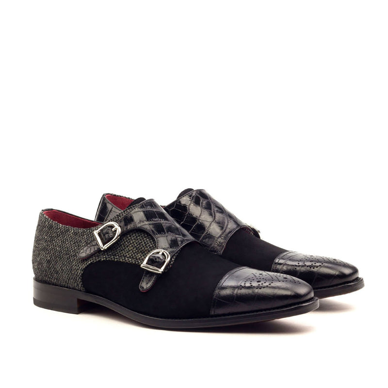 Ambrogio 2590 Bespoke Men's Shoes Black & Gray Crocodile Print / Suede Leather Monk-Straps Loafers (AMB1256)-AmbrogioShoes