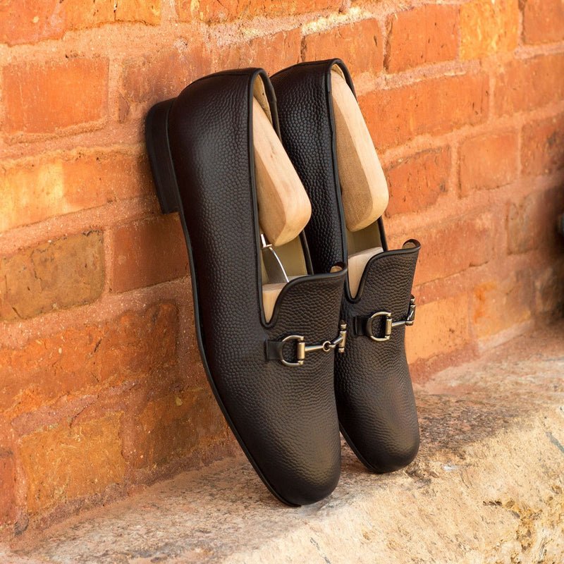 Ambrogio 3483 Bespoke Men's Shoes Black Pebble Grain / Calf-Skin Leather Horsebit Loafers (AMB1313)-AmbrogioShoes