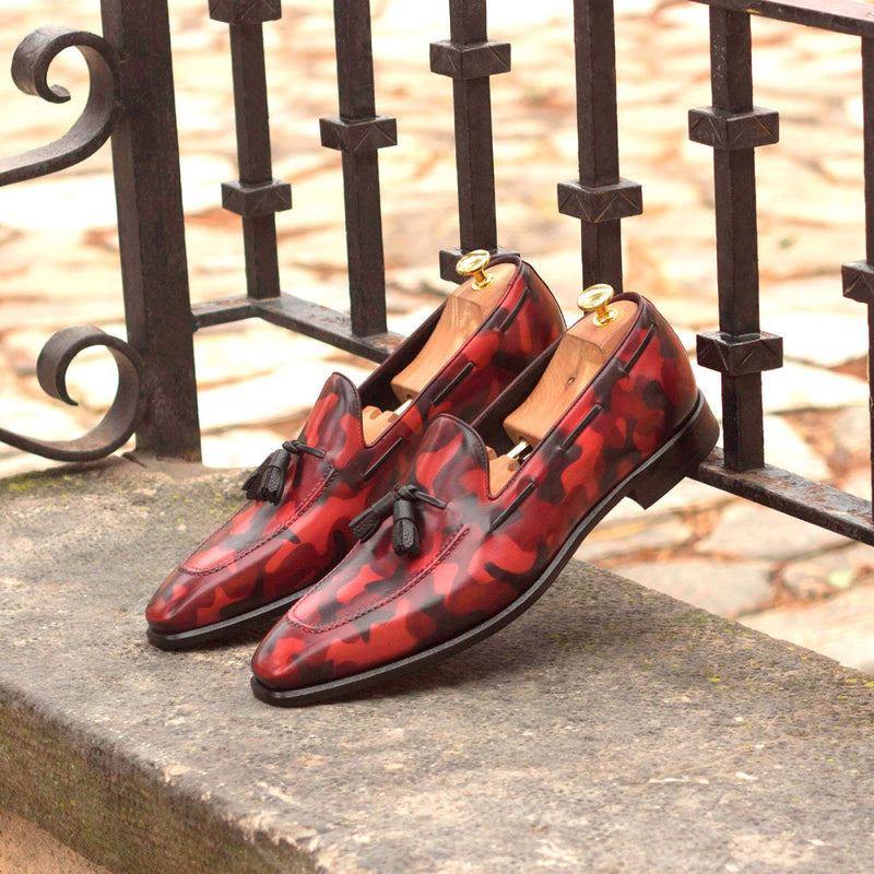 Ambrogio 2989 Bespoke Men's Shoes Black & Red Camo Patina Leather Tassels Loafers (AMB1263)-AmbrogioShoes