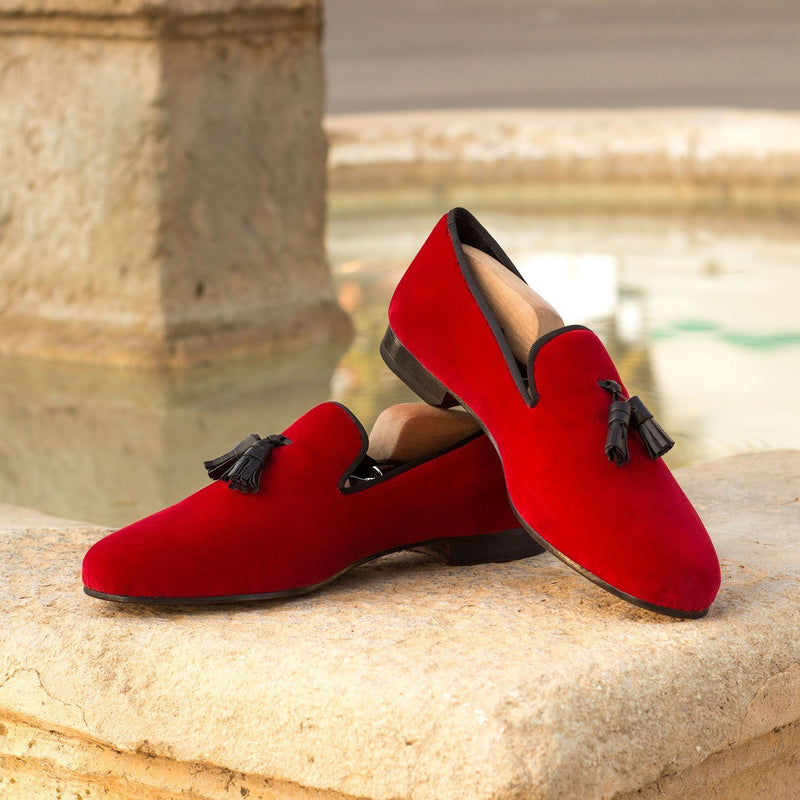 Ambrogio 3604 Bespoke Men's Shoes Black & Red Velvet / Calf-Skin Leather Tassels Loafers (AMB1321)-AmbrogioShoes