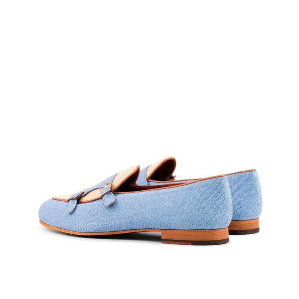 Ambrogio 3892 Bespoke Men's Shoes Blue & Beige Linen Fabric Monk-Straps Loafers (AMB1274)-AmbrogioShoes