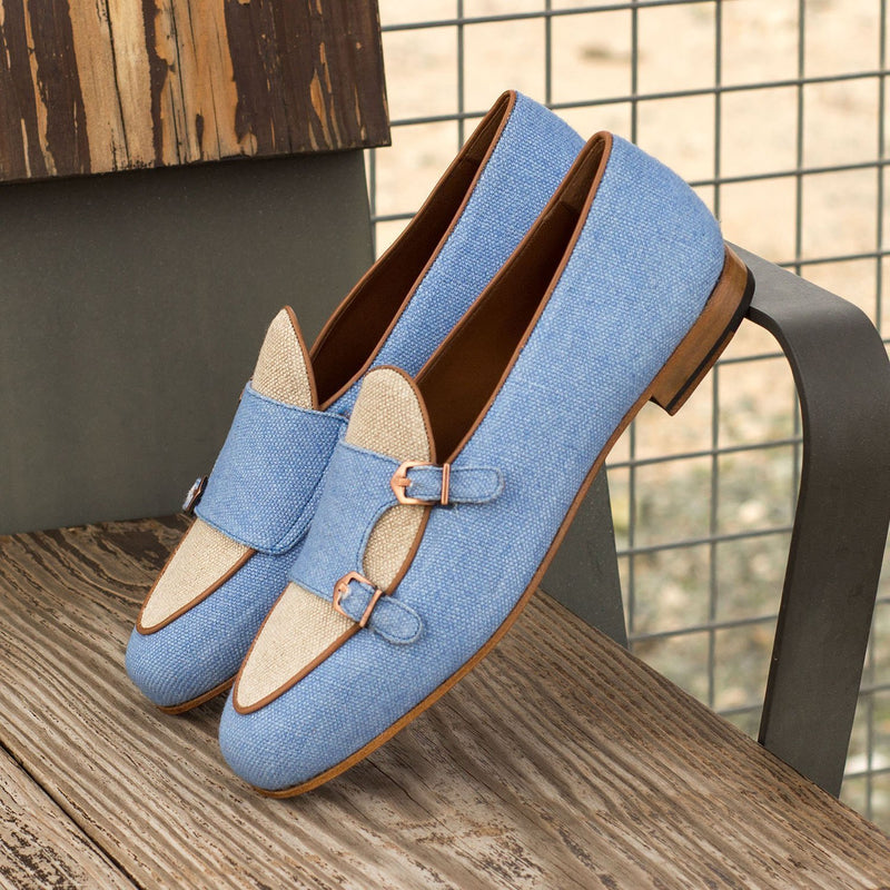 Ambrogio 3892 Bespoke Men's Shoes Blue & Beige Linen Fabric Monk-Straps Loafers (AMB1274)-AmbrogioShoes