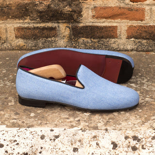 Ambrogio 3880 Bespoke Men's Shoes Blue & Black Linen Fabric / Calf-Skin Leahter Slip-On Loafers (AMB1315)-AmbrogioShoes