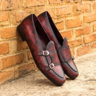 Ambrogio 3535 Bespoke Men's Shoes Burgundy Patina Leather Monk-Straps Slip-On Loafers (AMB1265)-AmbrogioShoes