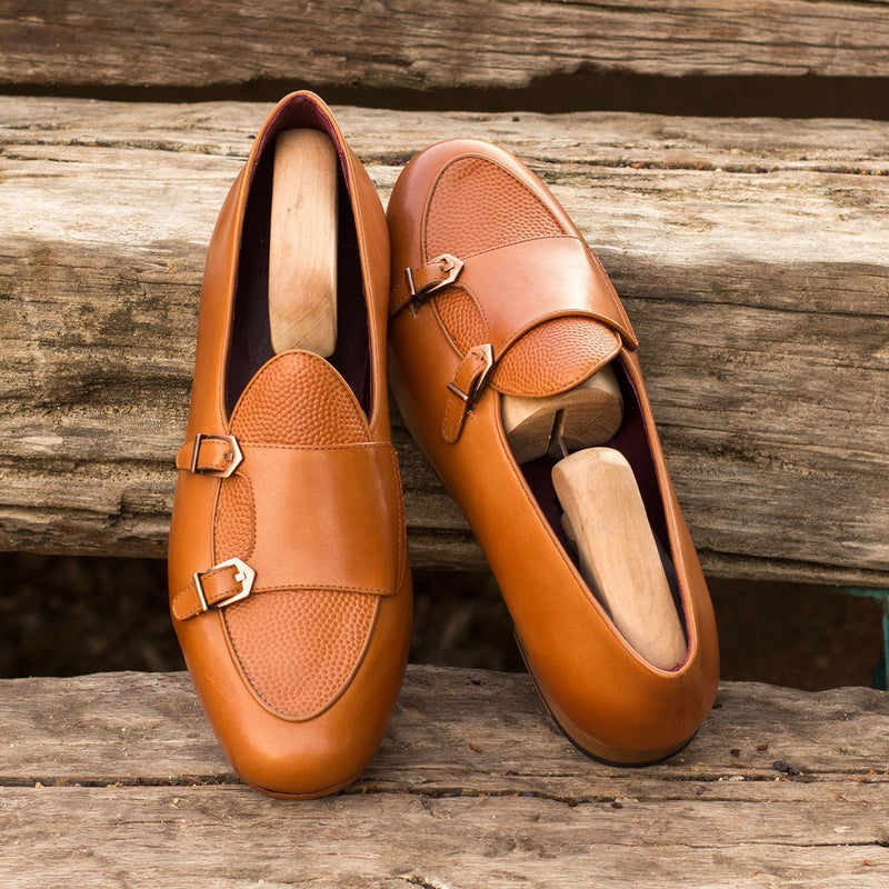 Ambrogio 3951 Bespoke Men's Shoes Cognac Pebble Grain / Calf-Skin Leather Monk-Straps Loafers (AMB1278)-AmbrogioShoes