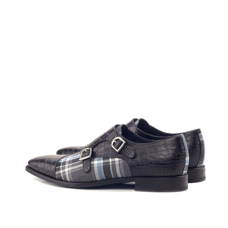 Ambrogio 3015 Bespoke Men's Shoes Gray & Black Crocodile Print / Calf-Skin Leather Monk-Straps Loafers(AMB1268)-AmbrogioShoes