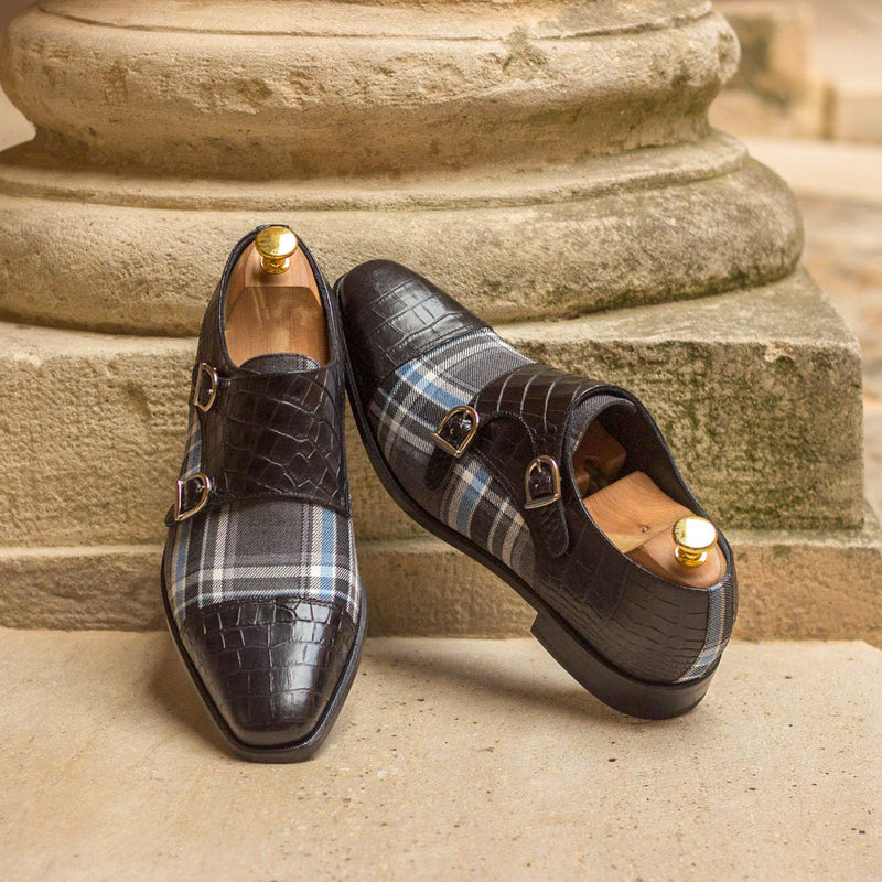 Ambrogio 3015 Bespoke Men's Shoes Gray & Black Crocodile Print / Calf-Skin Leather Monk-Straps Loafers(AMB1268)-AmbrogioShoes