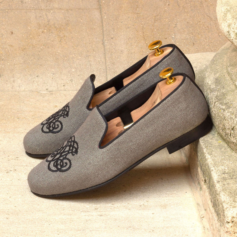 Ambrogio 2735 Bespoke Men's Shoes Gray & Black Linen Fabric Slip-On Loafers (AMB1320)-AmbrogioShoes