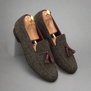 Ambrogio Bespoke Men's Handmade Custom Made Shoes Gray & Brown Fabric / Calf-Skin Leather Wellington Tassels Loafers (AMB1312)-AmbrogioShoes