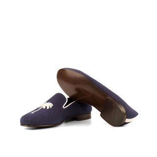 Ambrogio Bespoke Men's Handmade Custom Made Shoes Navy & White Linen Fabric Wellington Loafers (AMB1324)-AmbrogioShoes