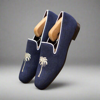 Ambrogio Bespoke Men's Handmade Custom Made Shoes Navy & White Linen Fabric Wellington Loafers (AMB1324)-AmbrogioShoes