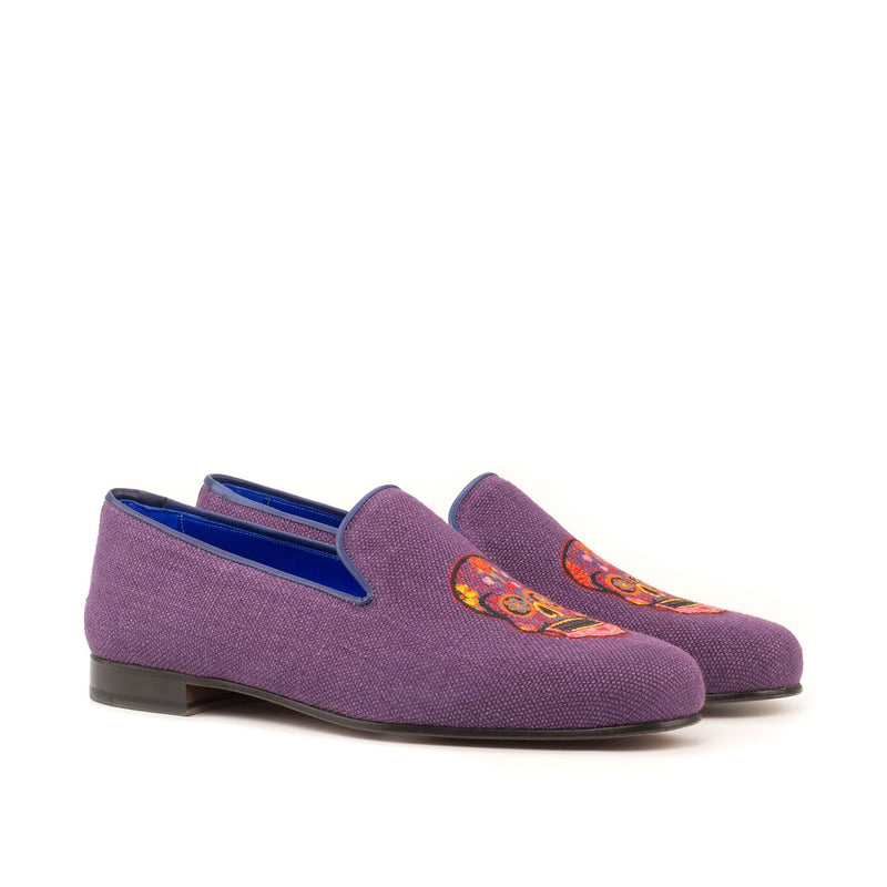 Ambrogio 3646 Bespoke Men's Shoes Purple Linen Fabric / Calf-Skin Leather Slip-On Loafers (AMB1308)-AmbrogioShoes