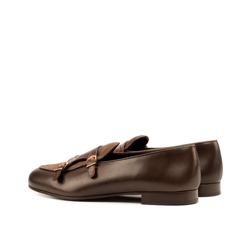 Ambrogio 3648 Bespoke Men's Shoes Two-Tone Brown Crocodile Print / Linen / Calf-Skin Leather Monk-Straps Loafers (AMB1273)-AmbrogioShoes