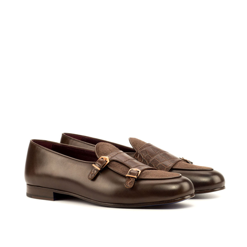 Ambrogio 3648 Bespoke Men's Shoes Two-Tone Brown Crocodile Print / Linen / Calf-Skin Leather Monk-Straps Loafers (AMB1273)-AmbrogioShoes