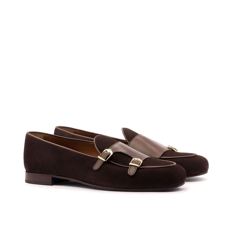 Ambrogio 3928 Bespoke Men's Shoes Two-Tone Brown Suede / Calf-SKin Leather Monk-Straps Loafers (AMB1279)-AmbrogioShoes