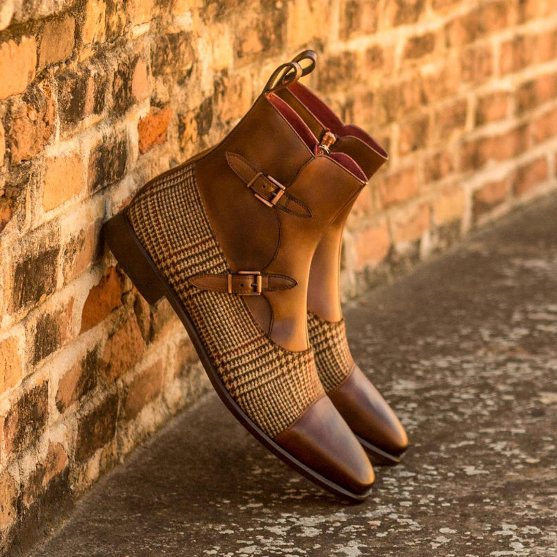 Ambrogio 2985 Bespoke Custom Men's Shoes Beige & Brown Fabric / Calf-Skin Leather Octavian Buckle Boots (AMB1582)-AmbrogioShoes