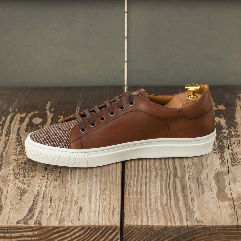 Ambrogio 3823 Bespoke Custom Men's Shoes Beige & Brown Fabric / Calf-SKin Leather Casual Sneakers (AMB1576)-AmbrogioShoes